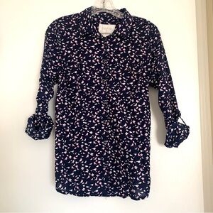 Sonoma Shirt Cotton Bird Collared Women’s M Navy Blue Pink Roll Tab Button